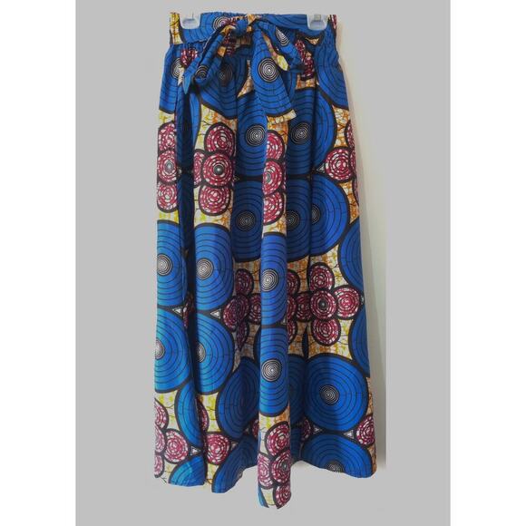 African Print Maxi Skirt Size M/L Blue Elastic Waist Pockets 100% Cotton - Picture 2 of 5